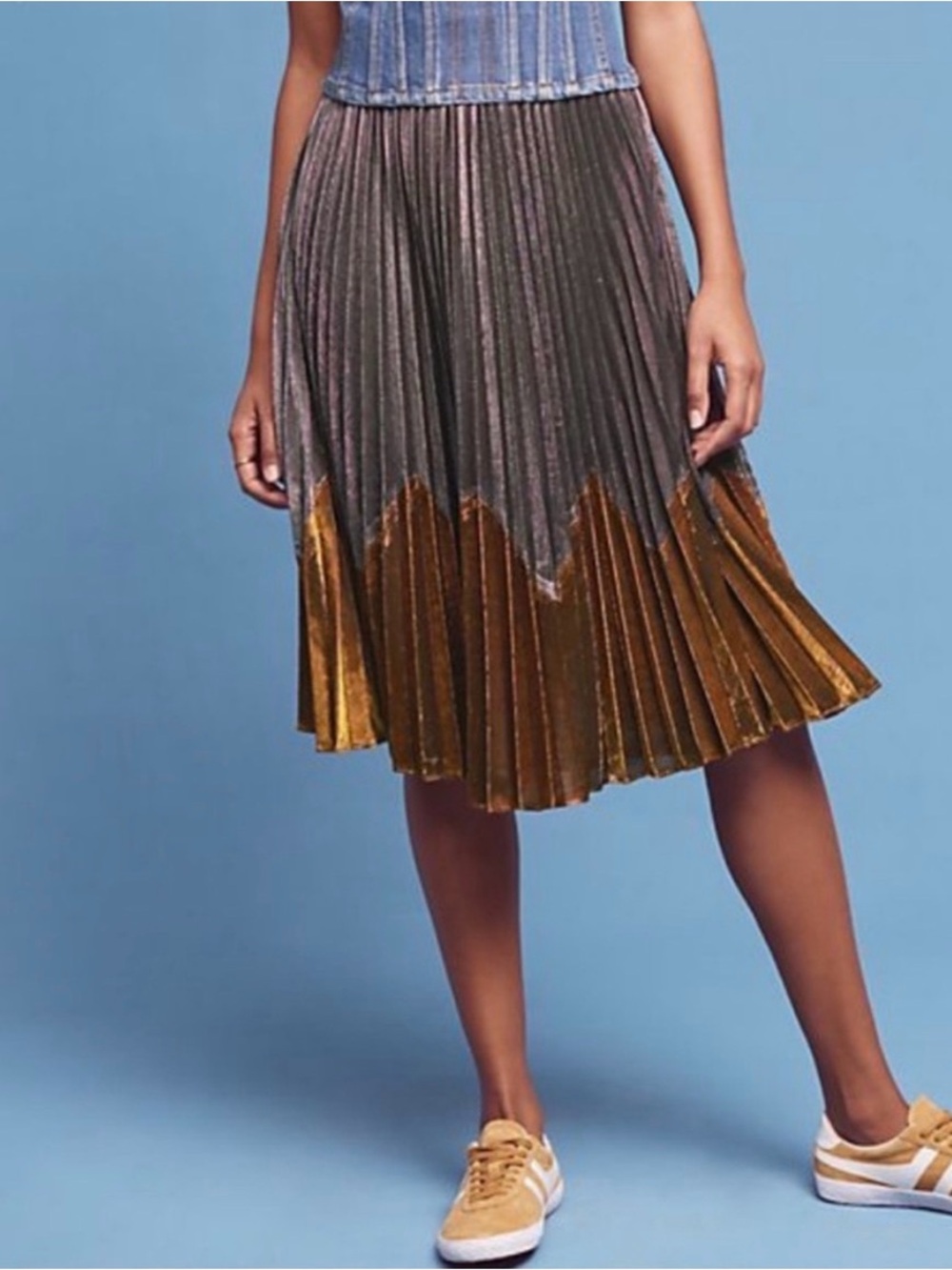 Anthropologie HD Paris Magdalena Pleated Skirt Silver/Gold Metallic Size Small